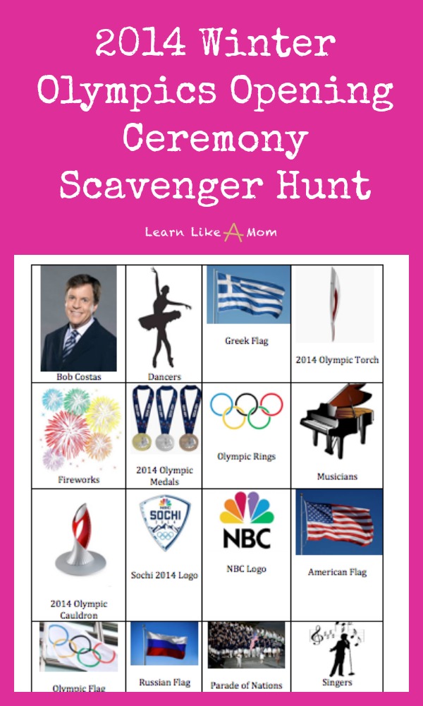 2014 Olympics Opening Ceremony Scavenger Hunt! - Learn Like A Mom! http://learnlikeamom.com/around-the-house/family-time/2014-olympics-…scavenger-hunt/ ? #olympics #2014olympics #kids