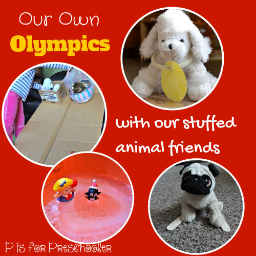 Stuffed Animal Olympics - P is for Preschooler! http://learnlikeamom.com/around-the-house/family-time/winter-olympics-activities/ #olympics #ece 