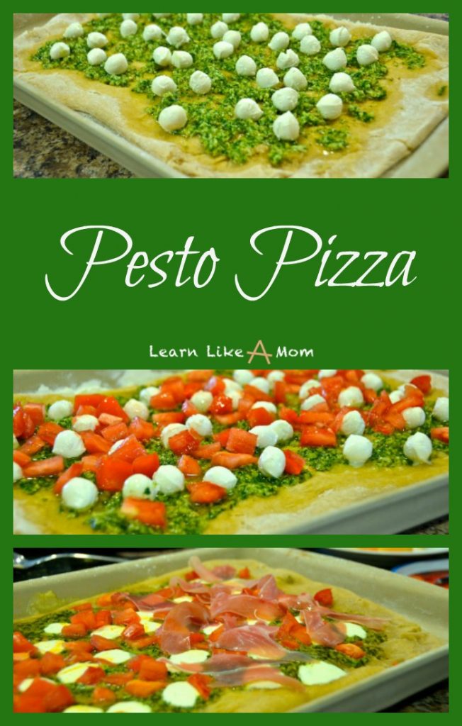 Pesto Pizza with mozzarella, tomatoes, and prosciutto! - Learn Like A Mom! With simple, fresh ingredients, this easy recipe packs a punch of flavor! https://learnlikeamom.com/pesto-pizza/